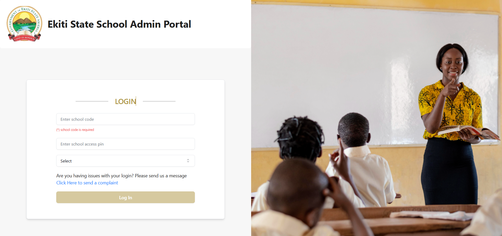Screenshot of the Ekiti State exams portal